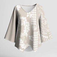 Suede Beige Hawaii Anthurium Plumeria Lei Kimono Sleeve Blouse