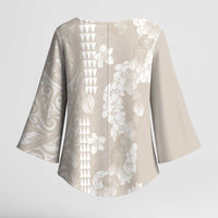 Suede Beige Hawaii Anthurium Plumeria Lei Kimono Sleeve Blouse