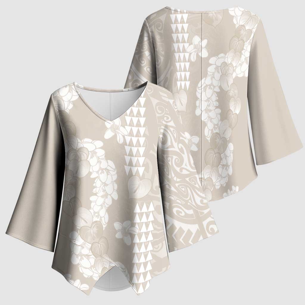 Suede Beige Hawaii Anthurium Plumeria Lei Kimono Sleeve Blouse