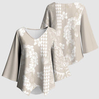 Suede Beige Hawaii Anthurium Plumeria Lei Kimono Sleeve Blouse