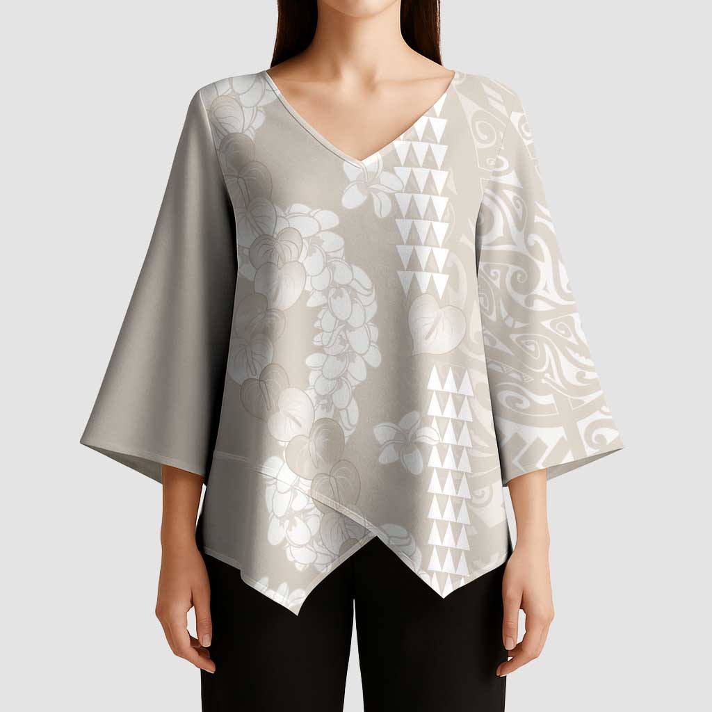 Suede Beige Hawaii Anthurium Plumeria Lei Kimono Sleeve Blouse
