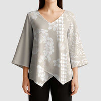 Suede Beige Hawaii Anthurium Plumeria Lei Kimono Sleeve Blouse