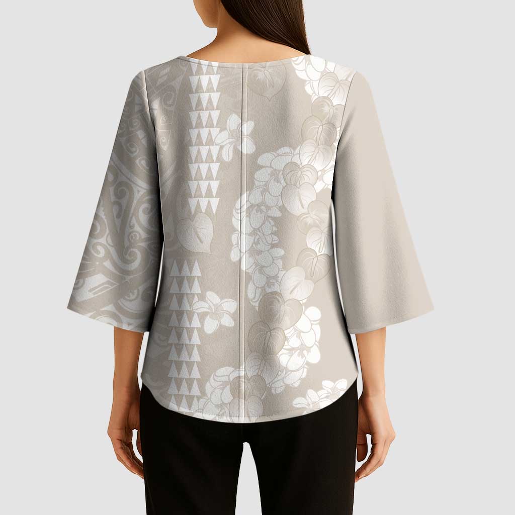 Suede Beige Hawaii Anthurium Plumeria Lei Kimono Sleeve Blouse
