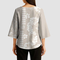 Suede Beige Hawaii Anthurium Plumeria Lei Kimono Sleeve Blouse