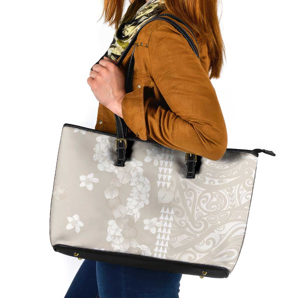 Suede Beige Hawaii Anthurium Plumeria Lei Leather Tote Bag