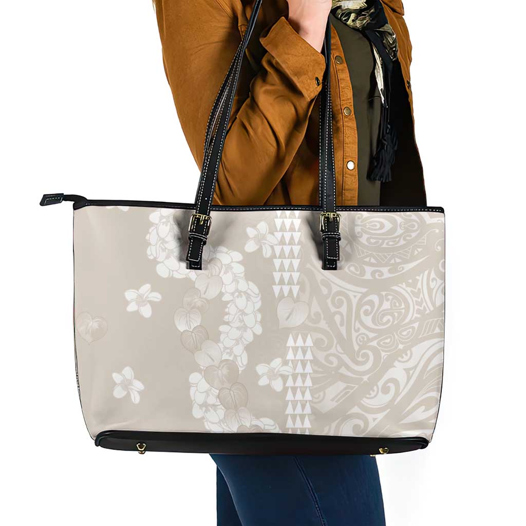 Suede Beige Hawaii Anthurium Plumeria Lei Leather Tote Bag LT9 - Polynesian Pride