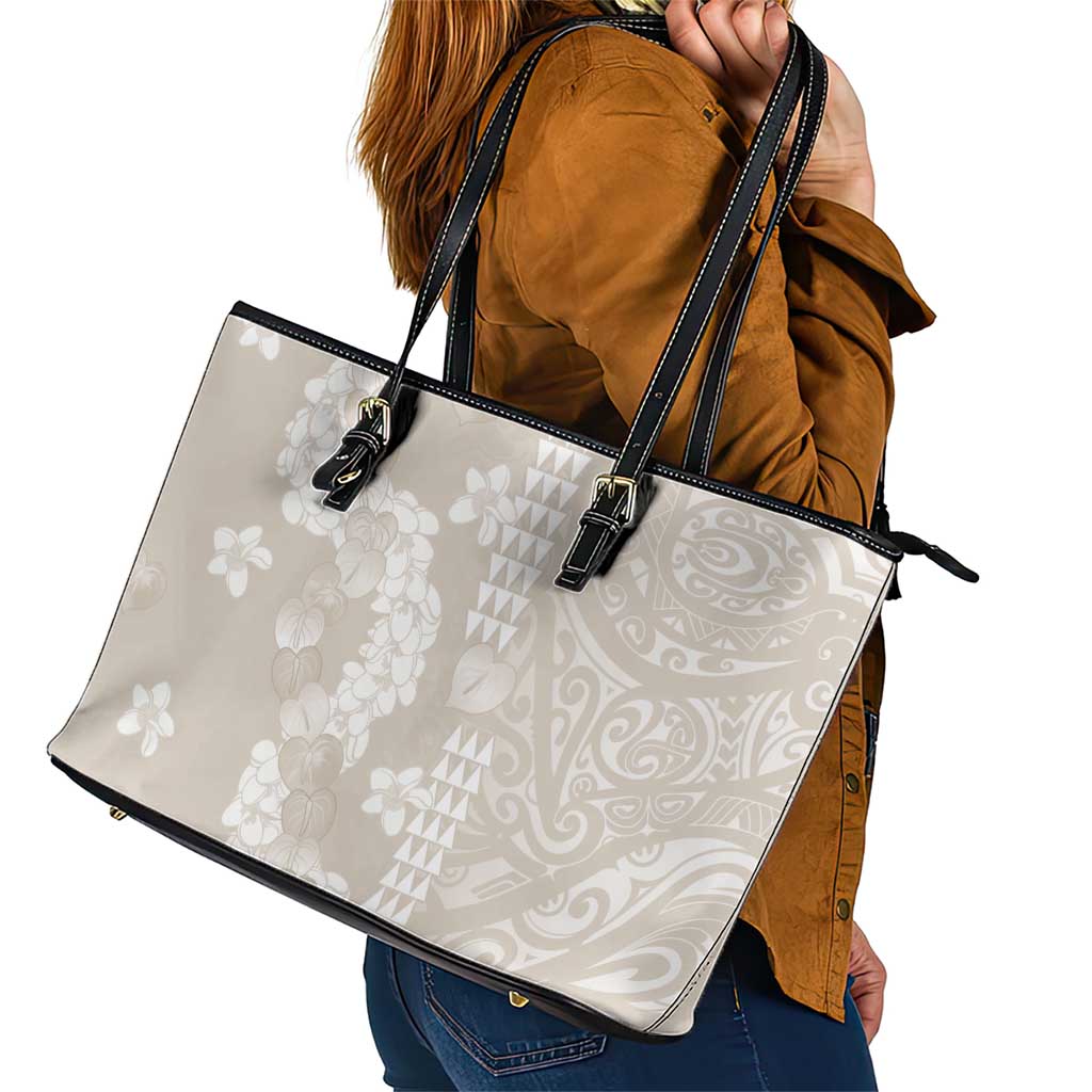 Suede Beige Hawaii Anthurium Plumeria Lei Leather Tote Bag LT9 - Polynesian Pride