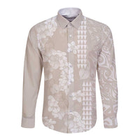 Suede Beige Hawaii Anthurium Plumeria Lei Long Sleeve Button Shirt LT9 Unisex Beige - Polynesian Pride