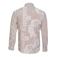 Suede Beige Hawaii Anthurium Plumeria Lei Long Sleeve Button Shirt LT9 - Polynesian Pride