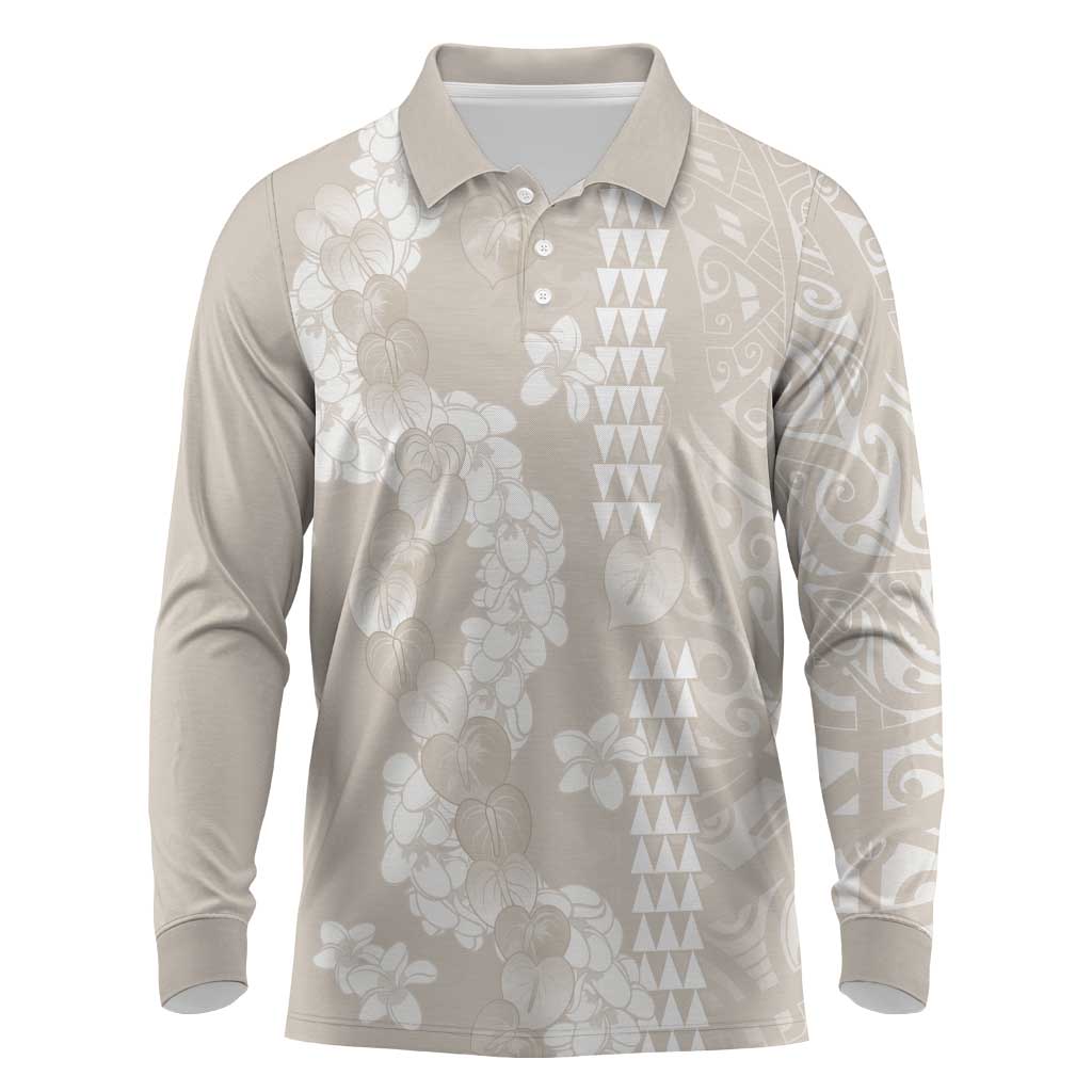 Suede Beige Hawaii Anthurium Plumeria Lei Long Sleeve Polo Shirt LT9 Beige - Polynesian Pride