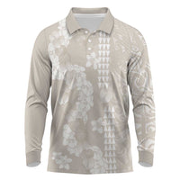 Suede Beige Hawaii Anthurium Plumeria Lei Long Sleeve Polo Shirt LT9 Beige - Polynesian Pride