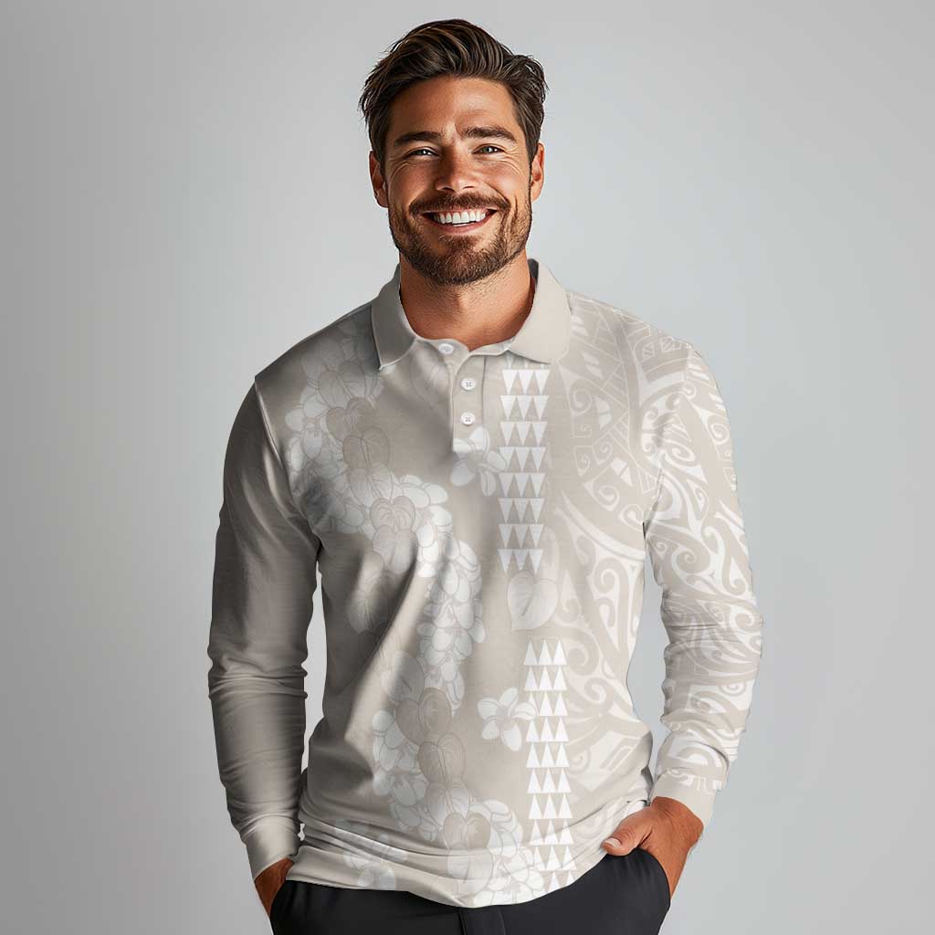 Suede Beige Hawaii Anthurium Plumeria Lei Long Sleeve Polo Shirt LT9 - Polynesian Pride