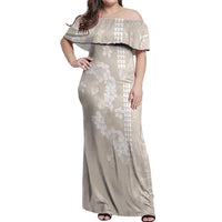 Suede Beige Hawaii Anthurium Plumeria Lei Off Shoulder Maxi Dress LT9 Women Beige - Polynesian Pride