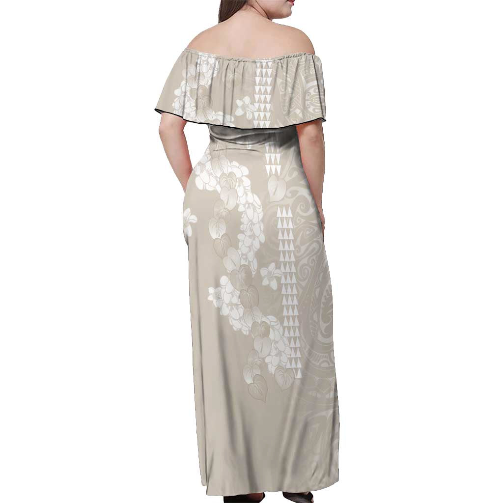 Suede Beige Hawaii Anthurium Plumeria Lei Off Shoulder Maxi Dress LT9 - Polynesian Pride