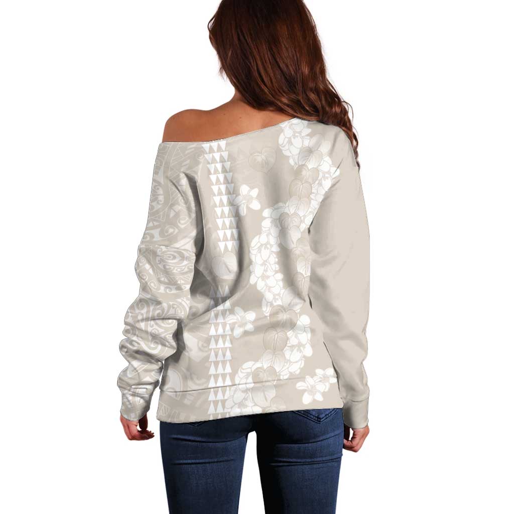 Suede Beige Hawaii Anthurium Plumeria Lei Off Shoulder Sweater LT9 - Polynesian Pride