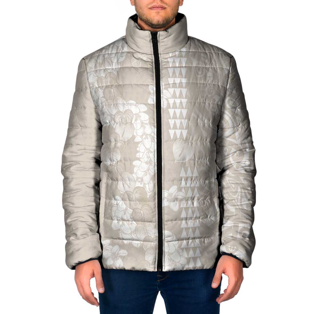 Suede Beige Hawaii Anthurium Plumeria Lei Padded Jacket LT9 Men Beige - Polynesian Pride