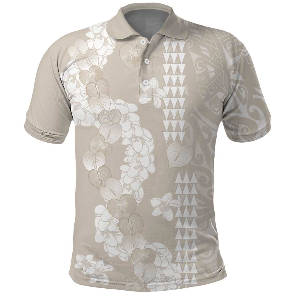 Suede Beige Hawaii Anthurium Plumeria Lei Polo Shirt LT9 Beige - Polynesian Pride