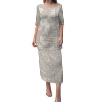 Suede Beige Hawaii Anthurium Plumeria Lei Puletasi LT9 Long Dress Beige - Polynesian Pride