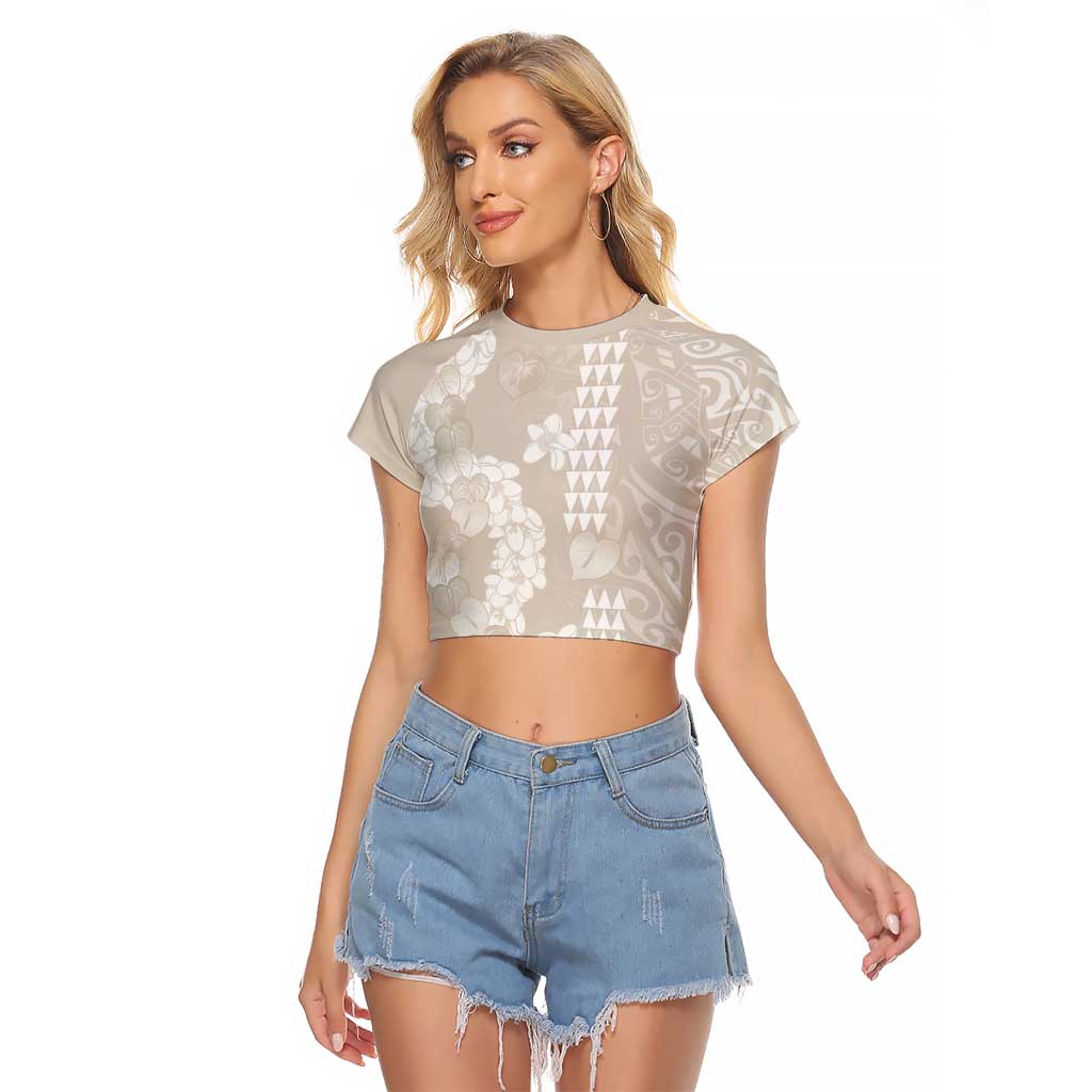 Suede Beige Hawaii Anthurium Plumeria Lei Raglan Cropped T Shirt