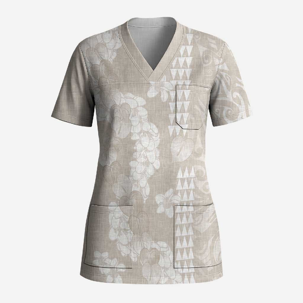 Suede Beige Hawaii Anthurium Plumeria Lei Scrub Top LT9 Adult Beige - Polynesian Pride