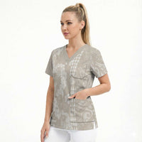 Suede Beige Hawaii Anthurium Plumeria Lei Scrub Top LT9 - Polynesian Pride