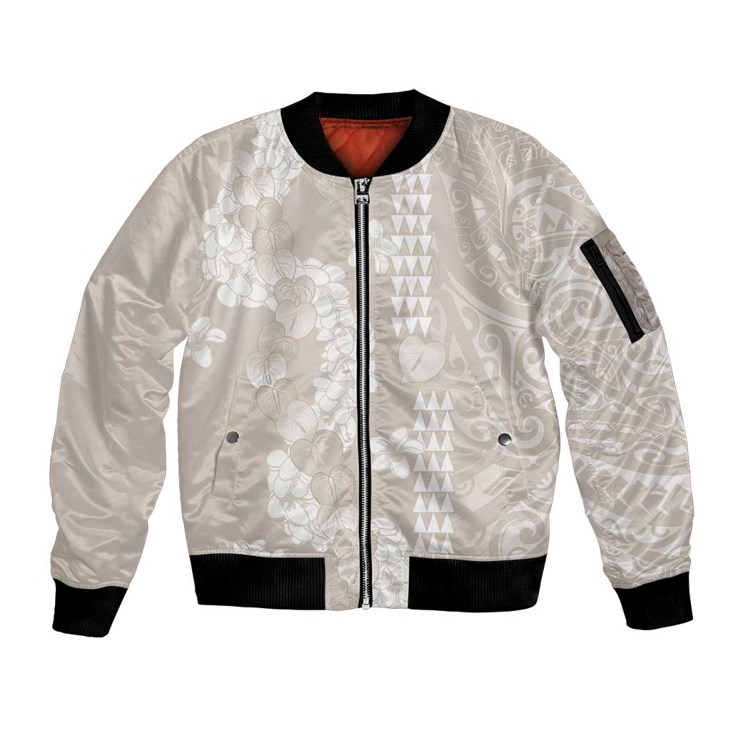 Suede Beige Hawaii Anthurium Plumeria Lei Sleeve Zip Bomber Jacket LT9 Unisex Beige - Polynesian Pride