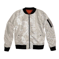 Suede Beige Hawaii Anthurium Plumeria Lei Sleeve Zip Bomber Jacket LT9 Unisex Beige - Polynesian Pride