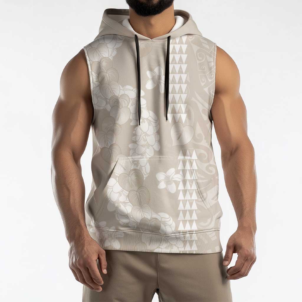 Suede Beige Hawaii Anthurium Plumeria Lei Sleeveless Hoodie LT9 - Polynesian Pride