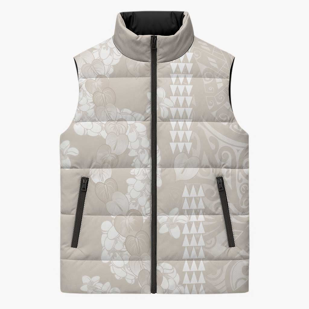 Suede Beige Hawaii Anthurium Plumeria Lei Sleeveless Puffer Jacket LT9 Unisex Beige - Polynesian Pride