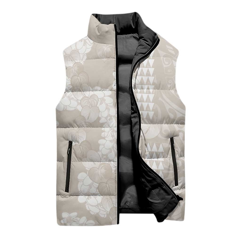 Suede Beige Hawaii Anthurium Plumeria Lei Sleeveless Puffer Jacket LT9 - Polynesian Pride
