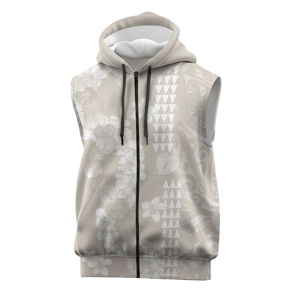 Suede Beige Hawaii Anthurium Plumeria Lei Sleeveless Zip Hoodie LT9 Beige - Polynesian Pride