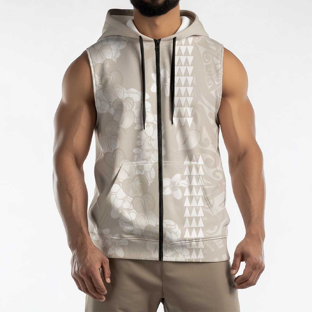 Suede Beige Hawaii Anthurium Plumeria Lei Sleeveless Zip Hoodie LT9 - Polynesian Pride