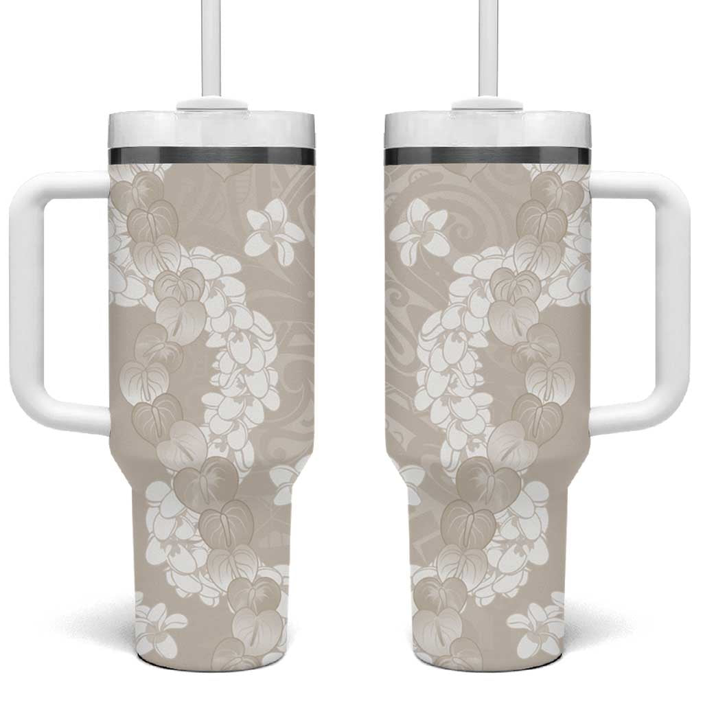 Suede Beige Hawaii Anthurium Plumeria Lei Tumbler With Handle LT9 One Size: 40 oz Beige - Polynesian Pride