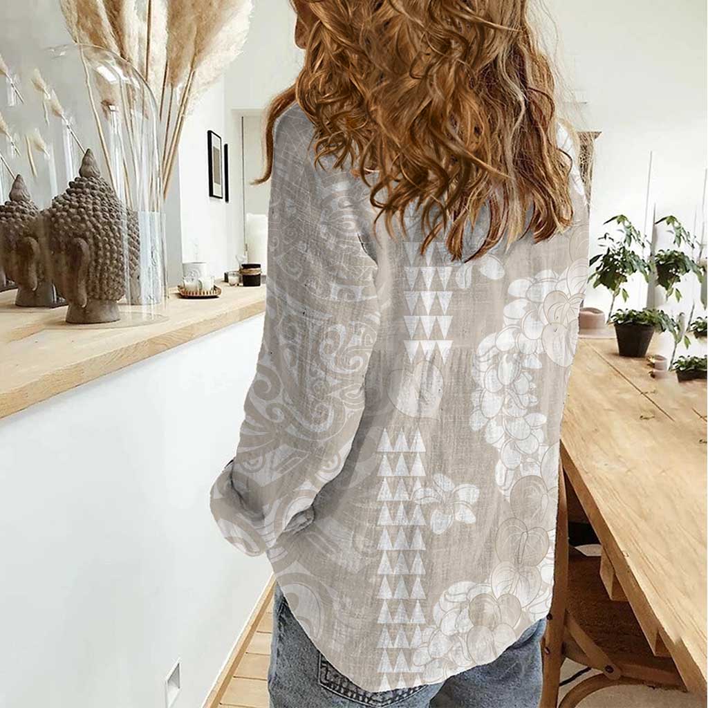 Suede Beige Hawaii Anthurium Plumeria Lei Women Casual Shirt LT9 - Polynesian Pride