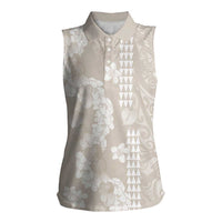 Suede Beige Hawaii Anthurium Plumeria Lei Women Sleeveless Polo Shirt LT9 Female Beige - Polynesian Pride