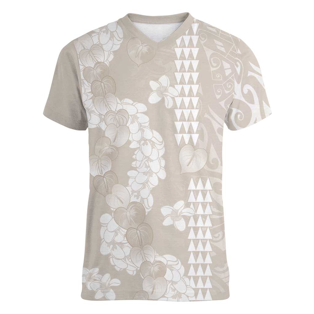 Suede Beige Hawaii Anthurium Plumeria Lei Women V-Neck T-Shirt LT9 Female Beige - Polynesian Pride