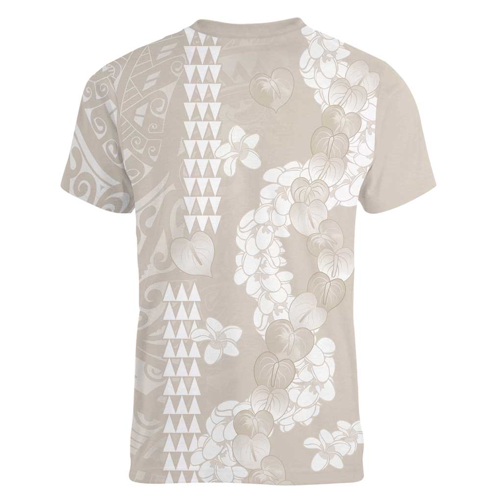 Suede Beige Hawaii Anthurium Plumeria Lei Women V-Neck T-Shirt LT9 - Polynesian Pride