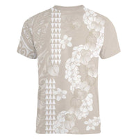 Suede Beige Hawaii Anthurium Plumeria Lei Women V-Neck T-Shirt LT9 - Polynesian Pride