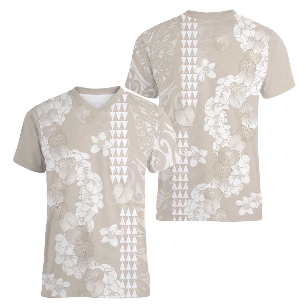 Suede Beige Hawaii Anthurium Plumeria Lei Women V-Neck T-Shirt LT9 - Polynesian Pride