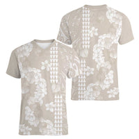 Suede Beige Hawaii Anthurium Plumeria Lei Women V-Neck T-Shirt LT9 - Polynesian Pride