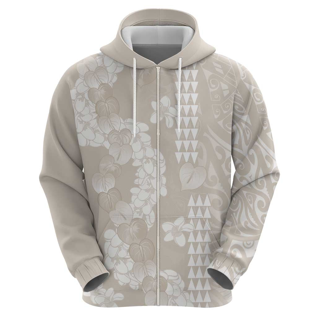 Suede Beige Hawaii Anthurium Plumeria Lei Zip Hoodie LT9 - Polynesian Pride