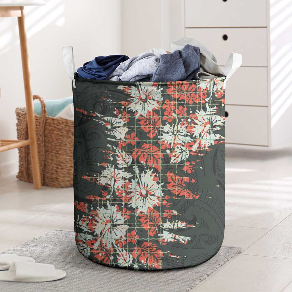 Hawaii Tartan With Hibiscus Laundry Basket Polynesian Pattern Vintage LT9 Dark Green - Polynesian Pride