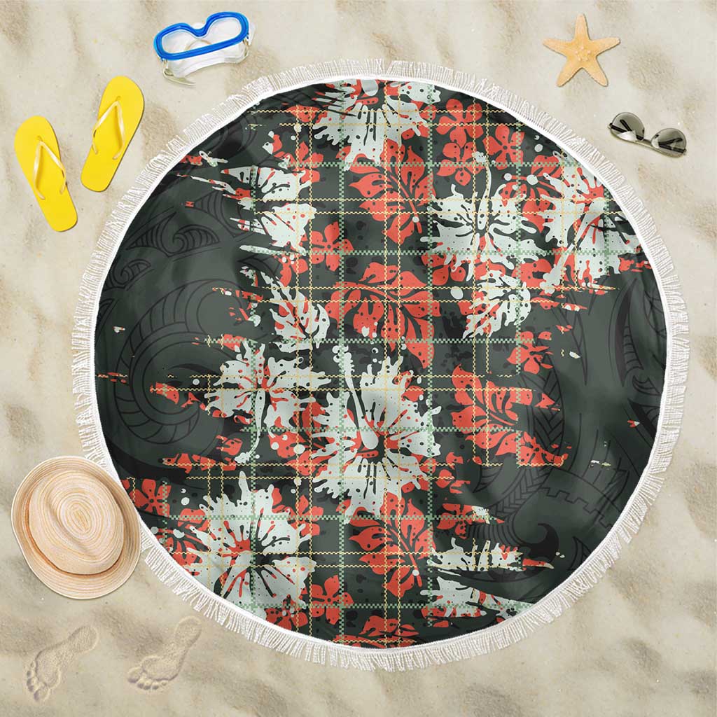 Hawaii Tartan With Hibiscus Beach Blanket Polynesian Pattern Vintage LT9 One Size 150cm Dark Green - Polynesian Pride
