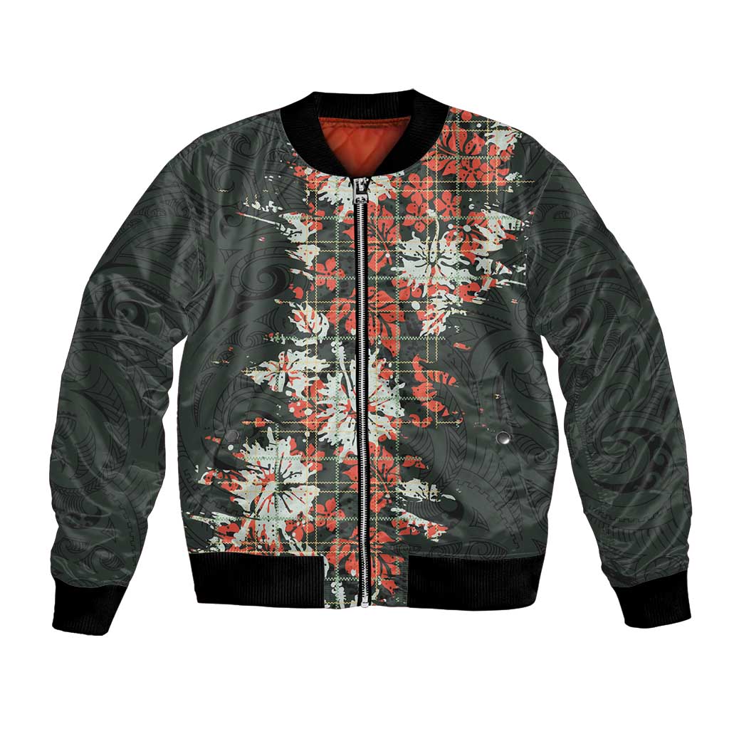 Hawaii Tartan With Hibiscus Bomber Jacket Polynesian Pattern Vintage LT9 Unisex Dark Green - Polynesian Pride