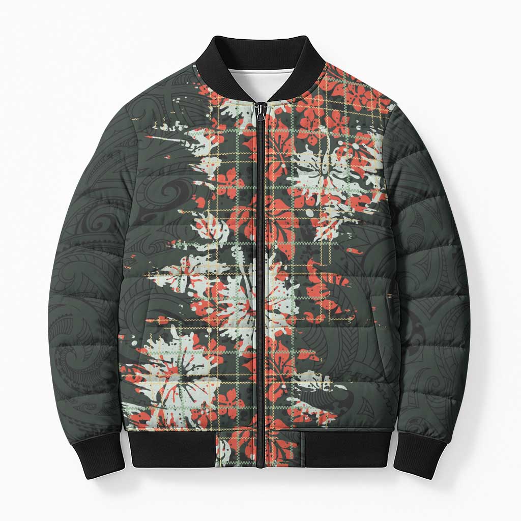 Hawaii Tartan With Hibiscus Bomber Puffer Jacket Polynesian Pattern Vintage LT9 Unisex Dark Green - Polynesian Pride