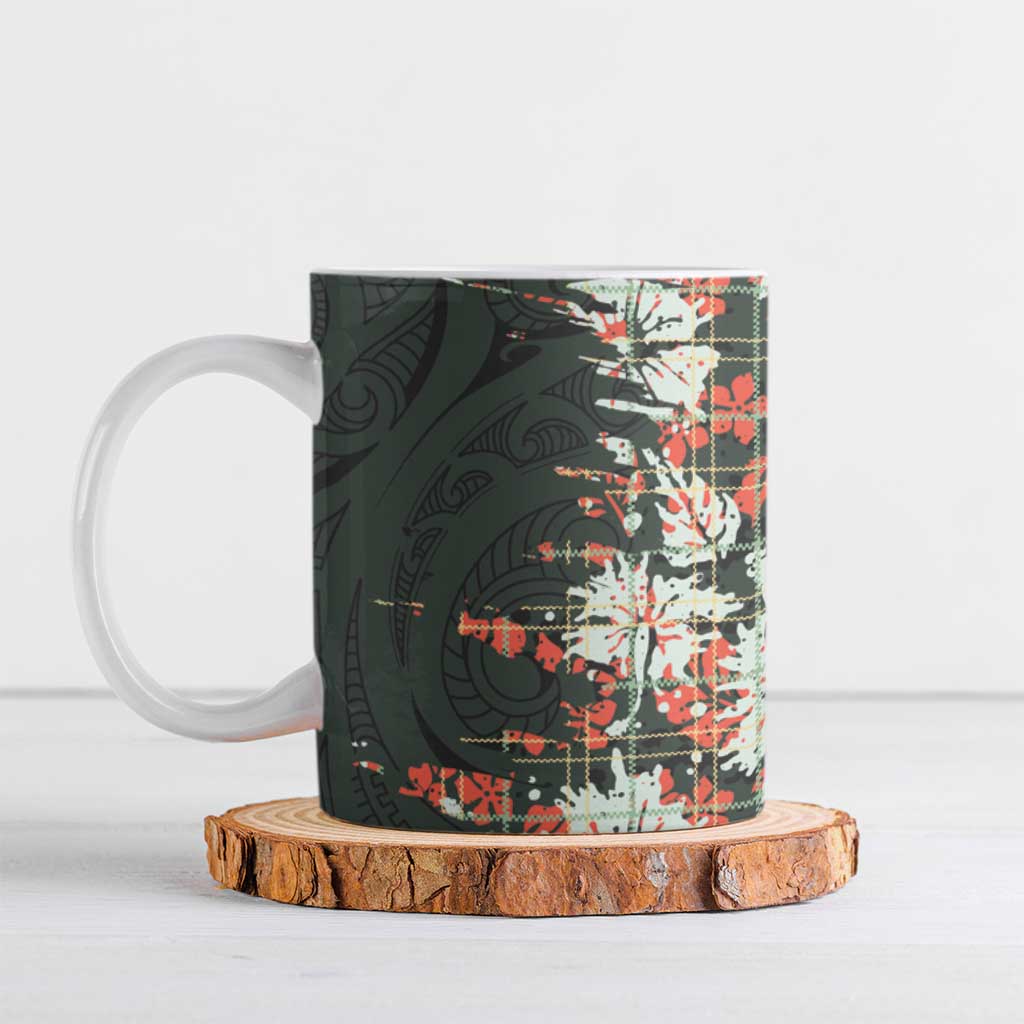 Hawaii Tartan With Hibiscus Ceramic Mug Polynesian Pattern Vintage LT9 Dark Green - Polynesian Pride