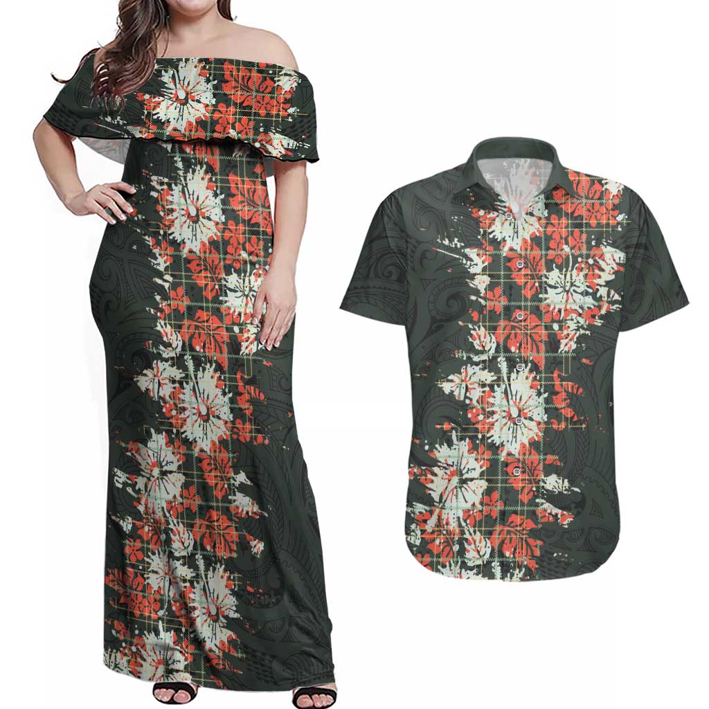 Hawaii Tartan With Hibiscus Couples Matching Off Shoulder Maxi Dress and Hawaiian Shirt Polynesian Pattern Vintage LT9 Dark Green - Polynesian Pride