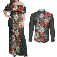 Hawaii Tartan With Hibiscus Couples Matching Off Shoulder Maxi Dress and Long Sleeve Button Shirt Polynesian Pattern Vintage