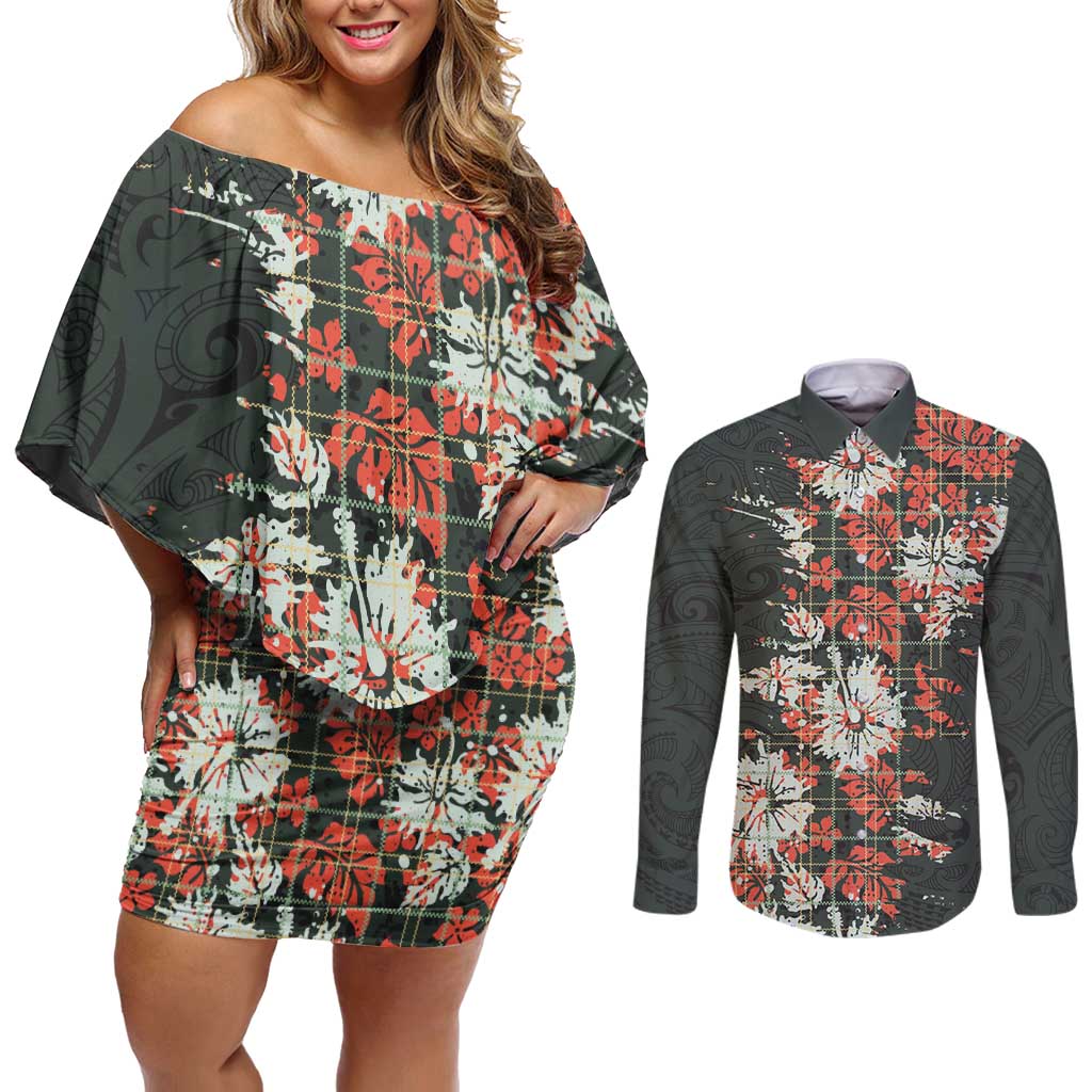 Hawaii Tartan With Hibiscus Couples Matching Off Shoulder Short Dress and Long Sleeve Button Shirt Polynesian Pattern Vintage LT9 Dark Green - Polynesian Pride