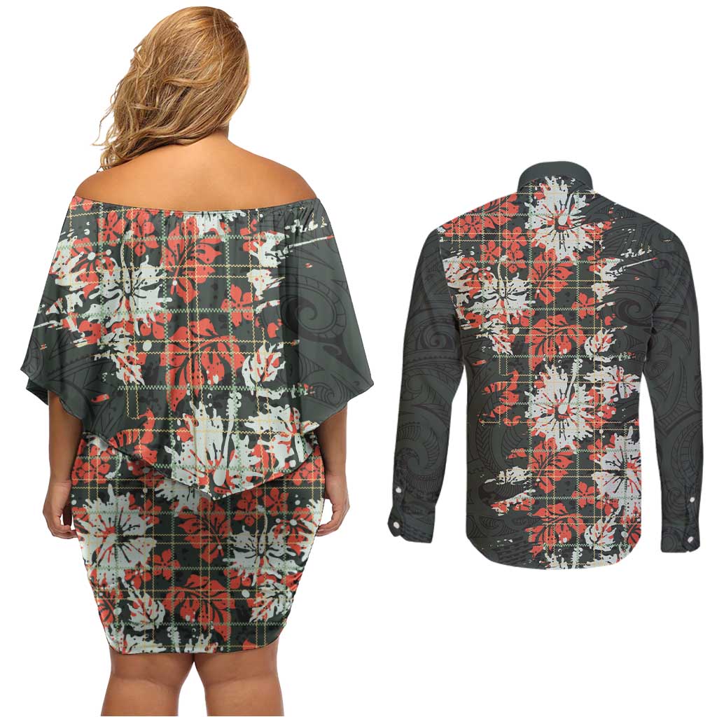 Hawaii Tartan With Hibiscus Couples Matching Off Shoulder Short Dress and Long Sleeve Button Shirt Polynesian Pattern Vintage